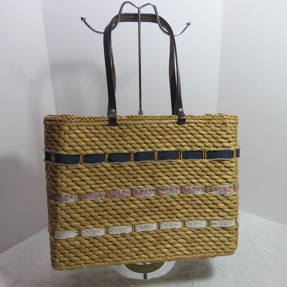 Roxy Straw Tweed Braided Beach Tote Bag Summer Handbag Cottage Core Beach Cruise